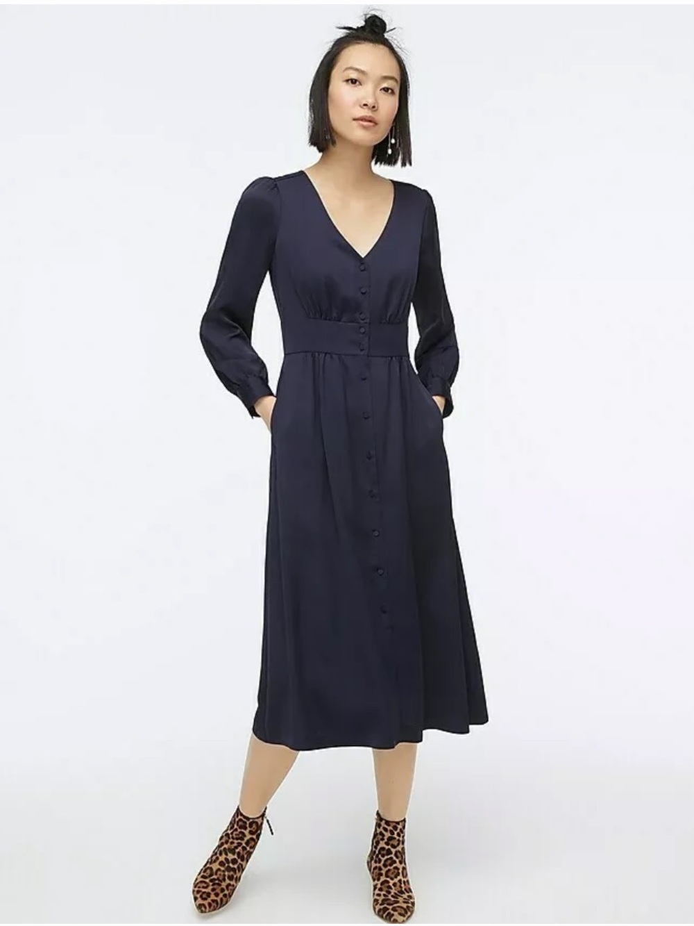 J.CREW | Classic V-Neck Button Midi Satin Dress